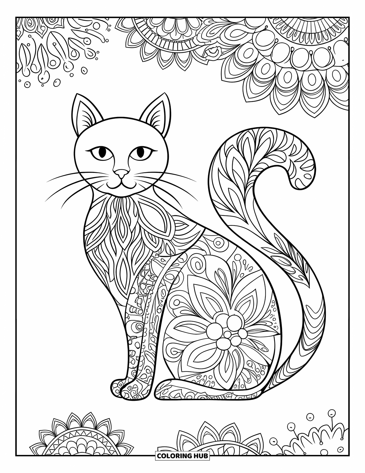 Animal Mandala Coloring Page for Adults: Mandala cat with tail and fur flowing into floral shapes