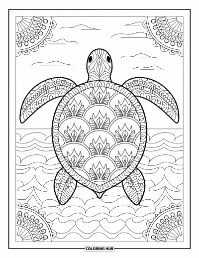 Animal Mandala Coloring Page for Adults: Mandala turtle with waves, sky, and decorative ocean borders