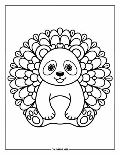 Animal Mandala Coloring Page for Adults: Round panda with floral mandala shapes radiating from its cheerful face