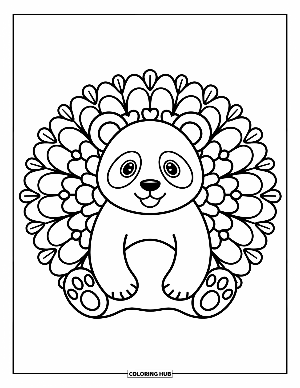 Animal Mandala Coloring Page for Adults: Round panda with floral mandala shapes radiating from its cheerful face