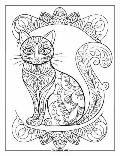 Animal Mandala Coloring Page for Adults: Sitting cat with floral mandala fur and intricate background patterns