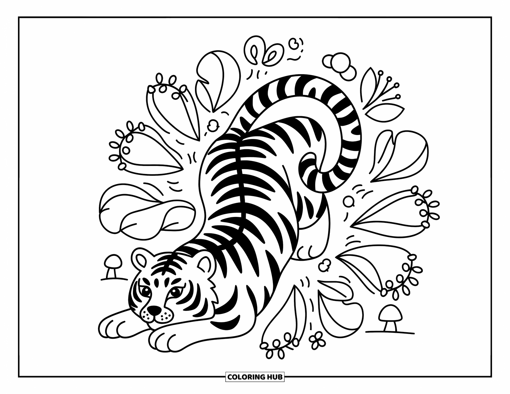 Animal Mandala Coloring Page for Adults: Tiger in a cute mandala pose with swirly stripes and whimsical flowers