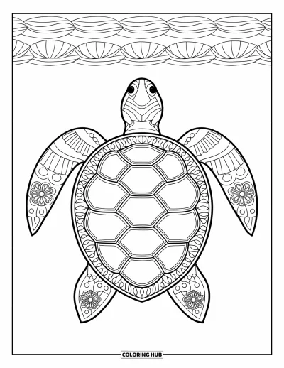 Animal Mandala Coloring Page for Adults: Turtle with ocean mandala details and calm wave background