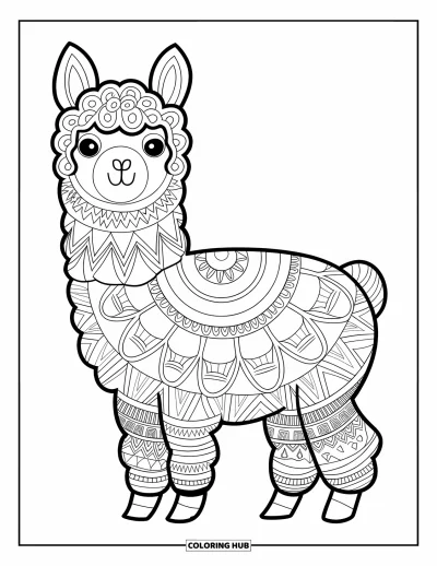 Animal Mandala Coloring Page for Kids: Alpaca with a body covered in zigzag and loop mandala patterns