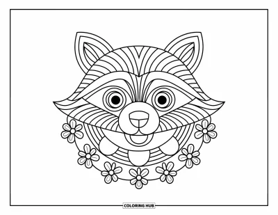Animal Mandala Coloring Page for Kids: Bold raccoon face with striped mandalas, perfect for young artists