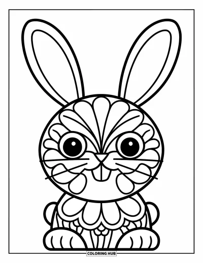 Animal Mandala Coloring Page for Kids: Bunny with big ears outlined in soft symmetrical mandala lines