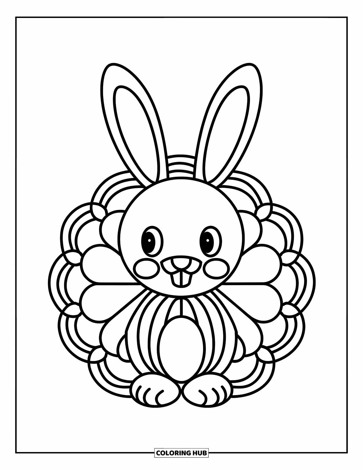 Animal Mandala Coloring Page for Kids: Bunny with oversized ears formed from smooth mandala curves