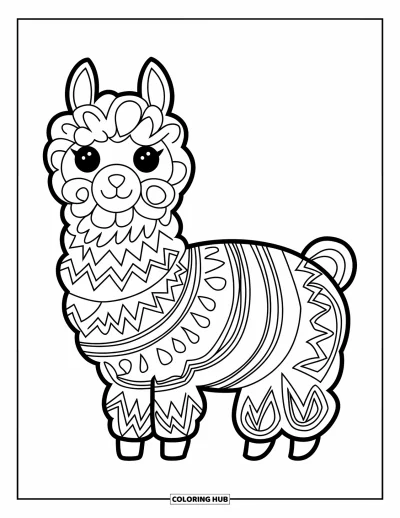 Animal Mandala Coloring Page for Kids: Cheerful alpaca filled with zigzag mandalas and fun, age-friendly designs