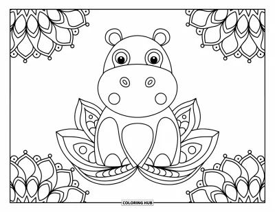 Animal Mandala Coloring Page for Kids: Chunky hippo on a lotus with a backdrop of mandala swirls