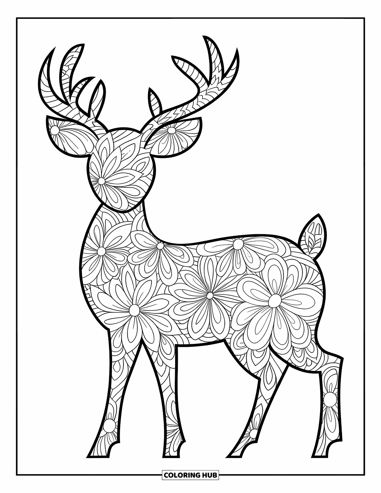 Animal Mandala Coloring Page for Kids: Deer made from layered floral mandala patterns with bold, clean lines