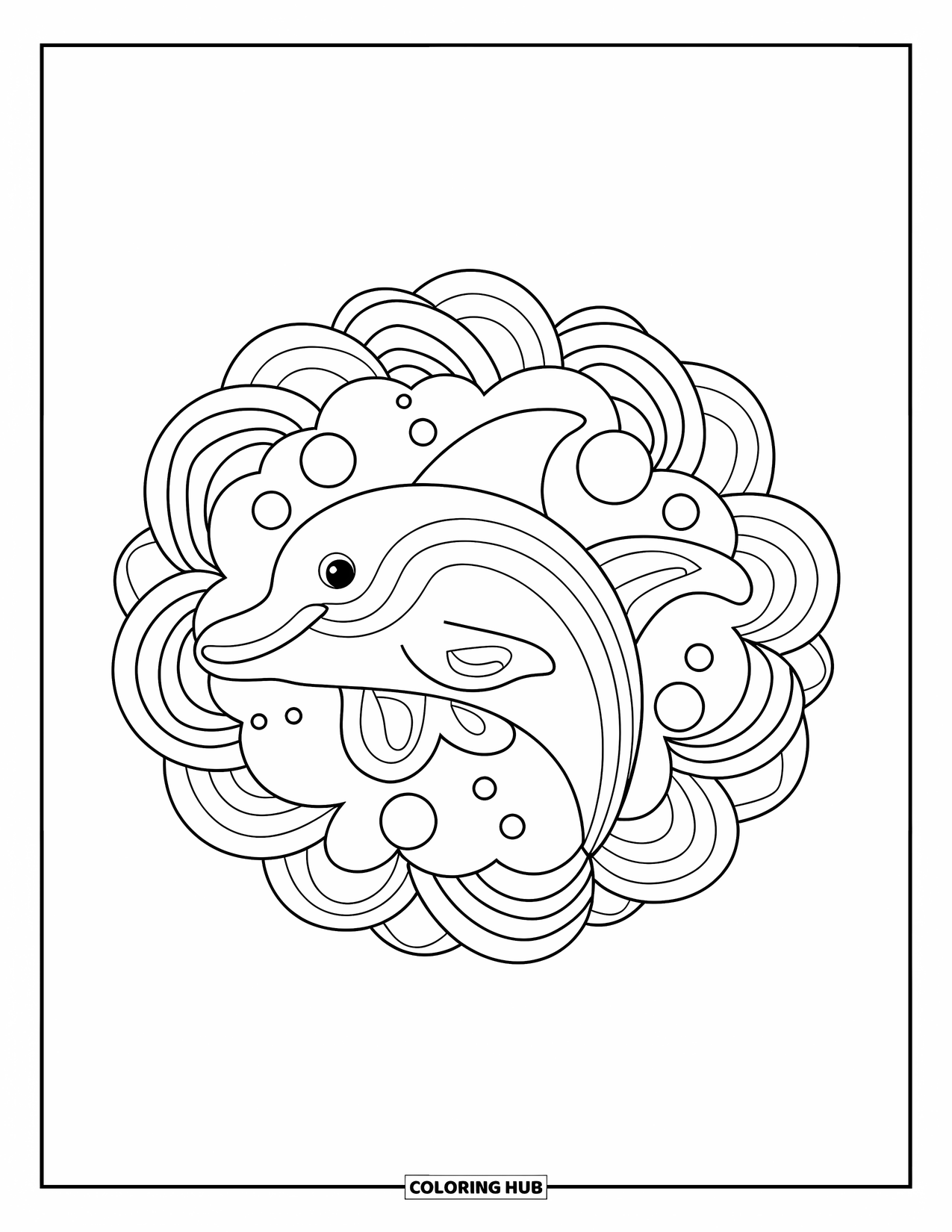 Animal Mandala Coloring Page for Kids: Dolphin made of wave arcs and bubbles in a fun, splashy mandala