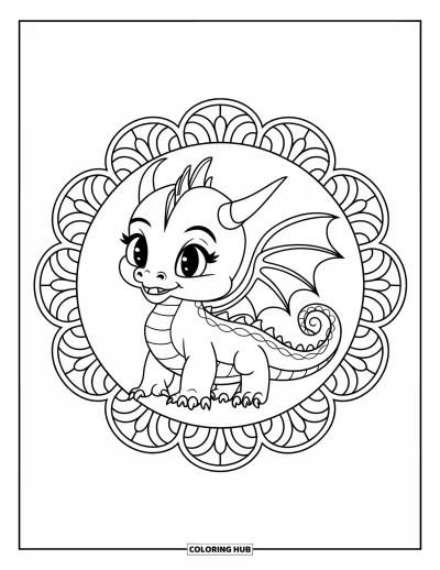 Animal Mandala Coloring Page for Kids: Dragon with circular mandala border and scale-like curled tail