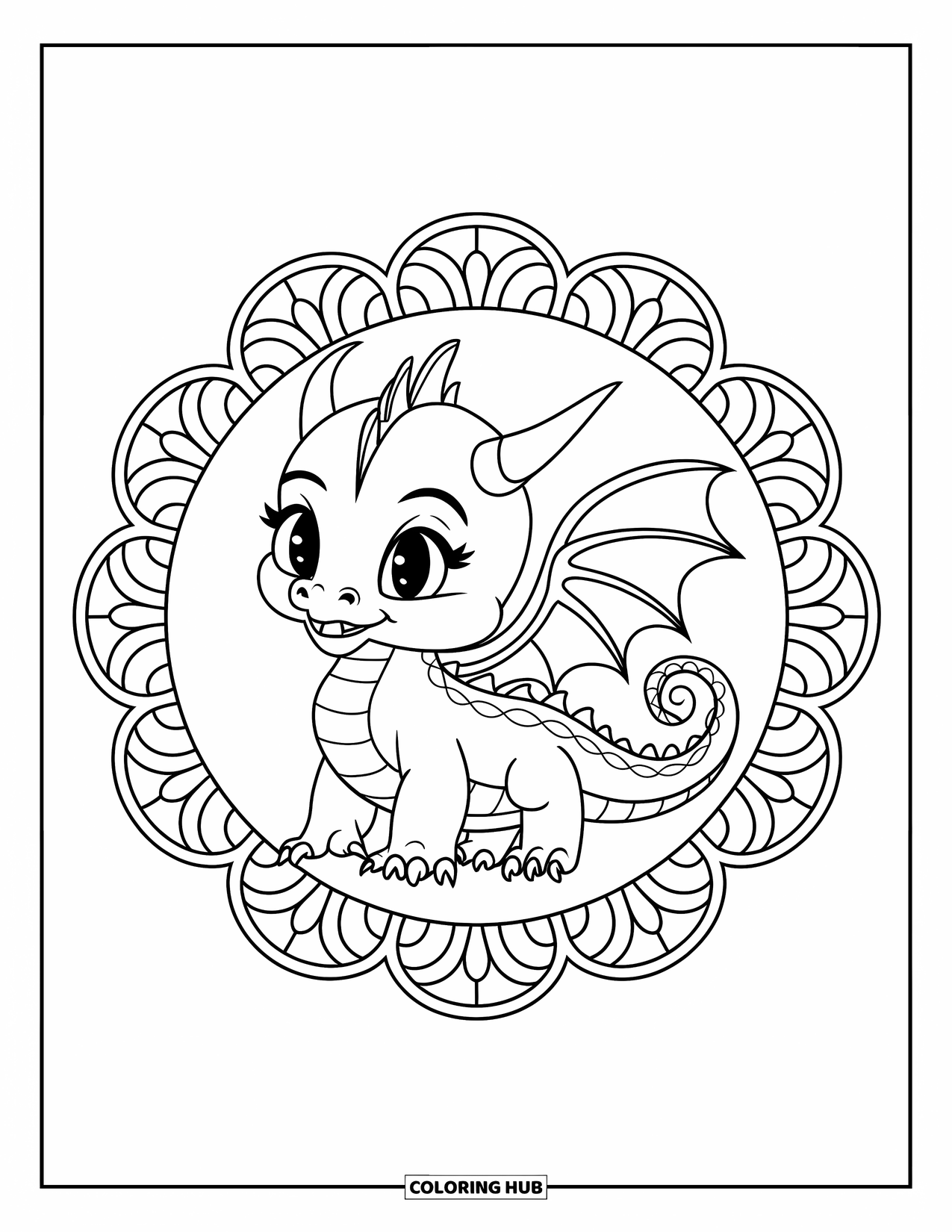 Animal Mandala Coloring Page for Kids: Dragon with circular mandala border and scale-like curled tail