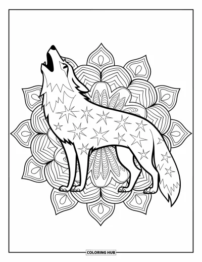 Animal Mandala Coloring Page for Kids: Expressive wolf with big eyes and intricate mandala details in the background
