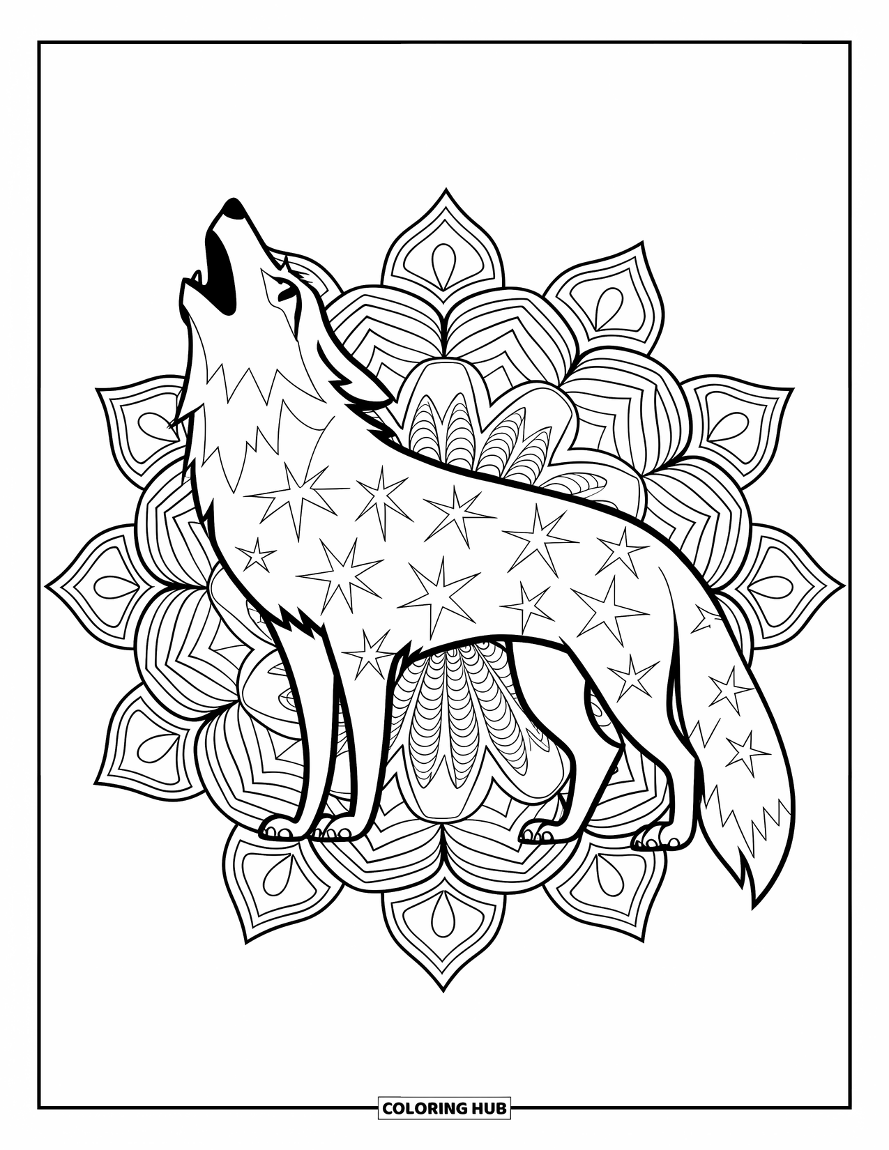 Animal Mandala Coloring Page for Kids: Expressive wolf with big eyes and intricate mandala details in the background