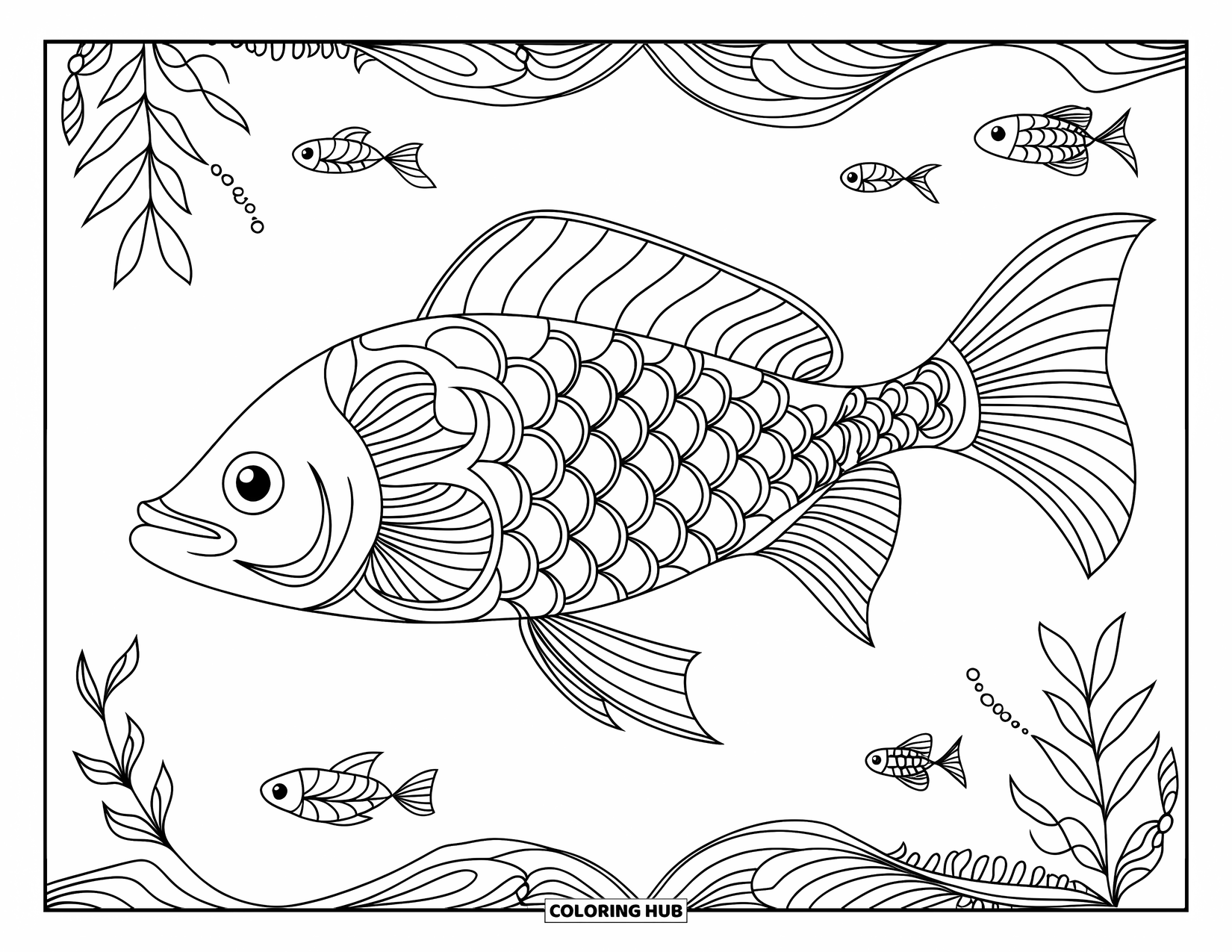 Animal Mandala Coloring Page for Kids: Fish gliding through mandala waves, surrounded by plants and tiny fish