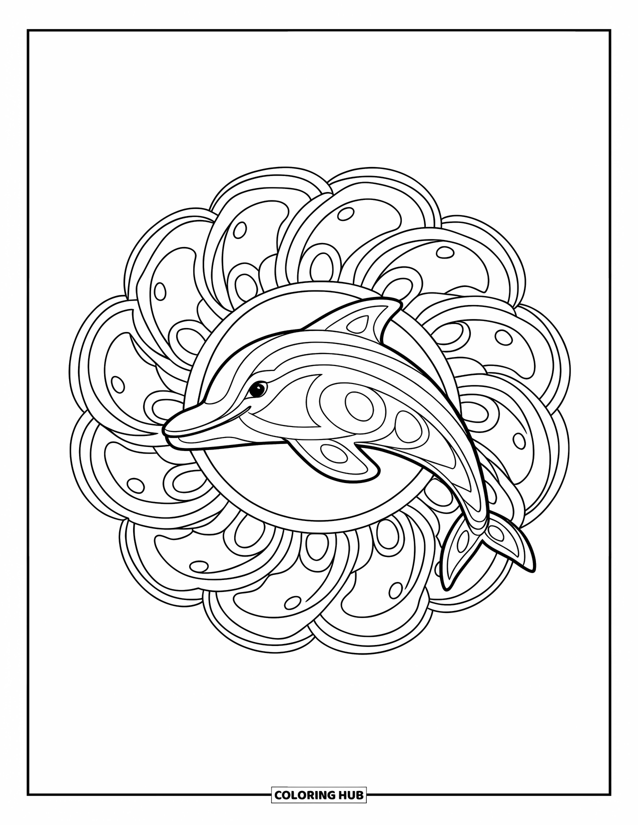 Animal Mandala Coloring Page for Kids: Flowing dolphin design made from arcs, waves, and bubbles