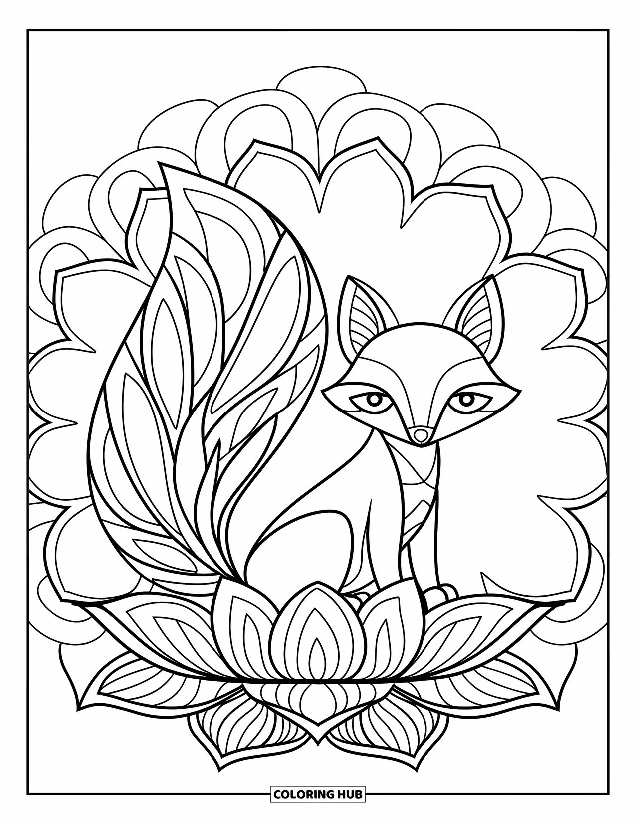 Animal Mandala Coloring Page for Kids: Fox on a lotus with swirling petals and a leaf-mandala tail