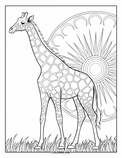 Animal Mandala Coloring Page for Kids: Giraffe standing in grass with bold mandala neck layers
