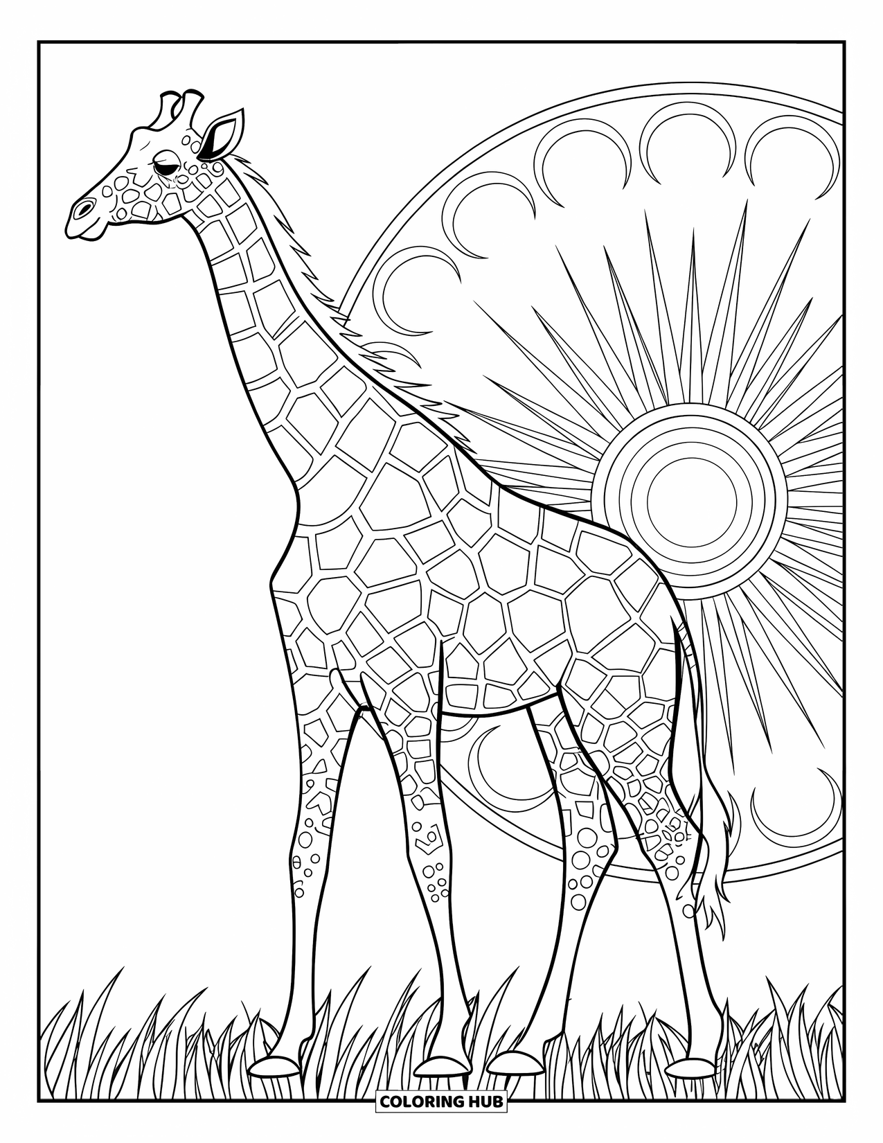 Animal Mandala Coloring Page for Kids: Giraffe standing in grass with bold mandala neck layers