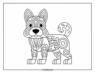 Animal Mandala Coloring Page for Kids: Happy dog with bold mandala ears, paws, and fur in crisp outlines