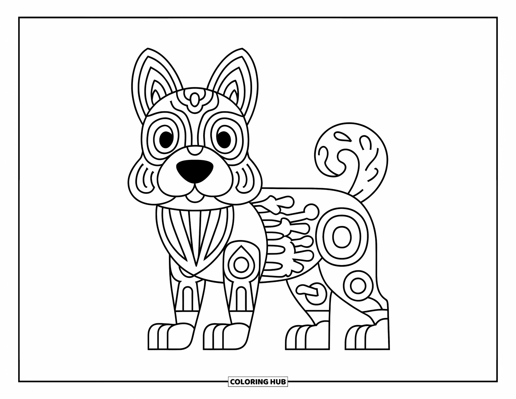 Animal Mandala Coloring Page for Kids: Happy dog with bold mandala ears, paws, and fur in crisp outlines