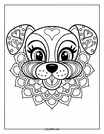 Animal Mandala Coloring Page for Kids: Happy puppy face with mandala ears and a cheerful look