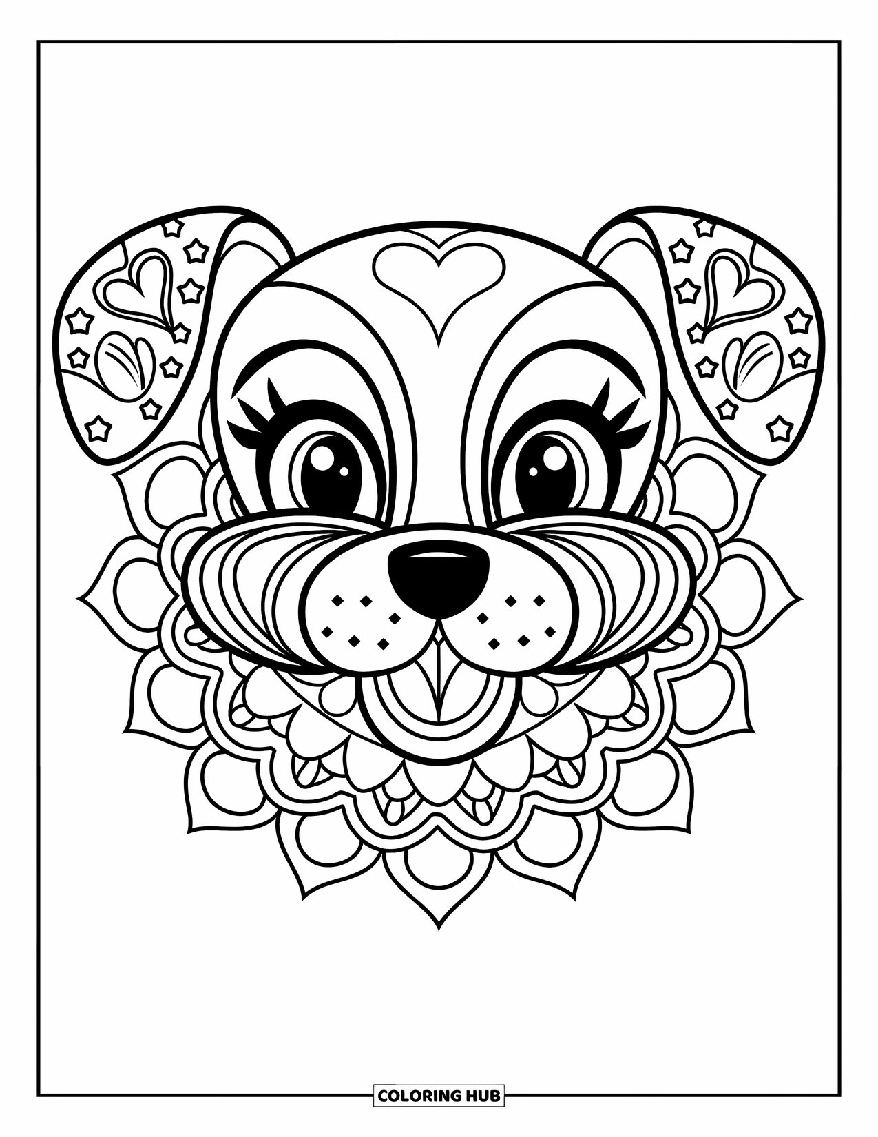 Animal Mandala Coloring Page for Kids: Happy puppy face with mandala ears and a cheerful look