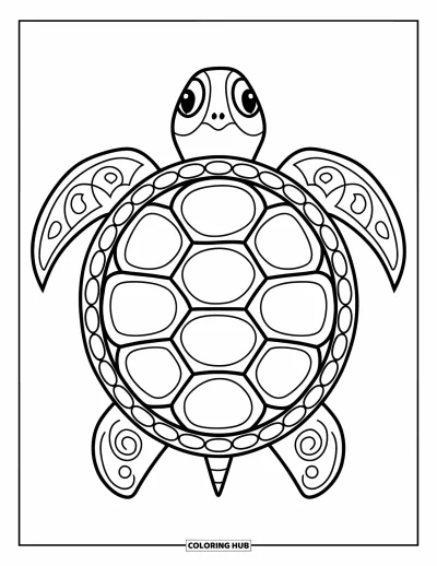 Animal Mandala Coloring Page for Kids: Happy turtle with bold shell designs and clean background