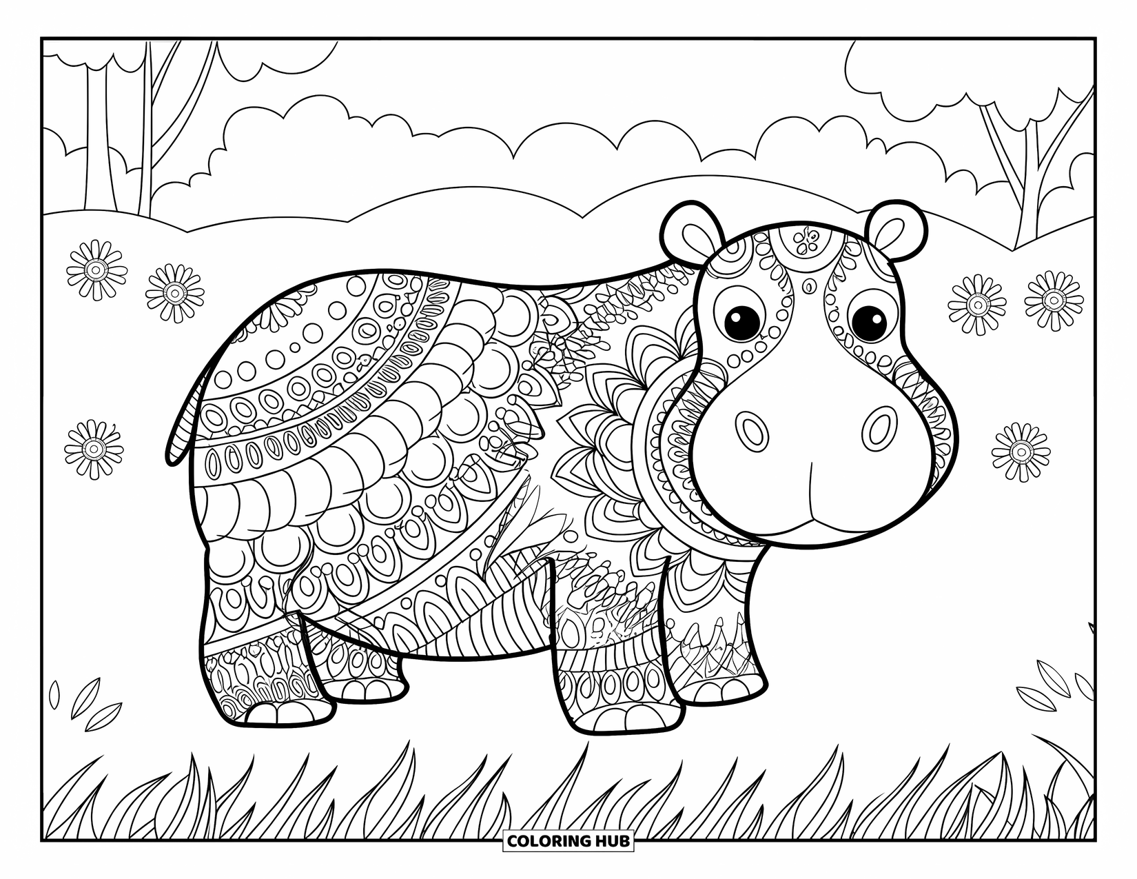Animal Mandala Coloring Page for Kids: Hippo sitting in a field with flowers and trees in the background