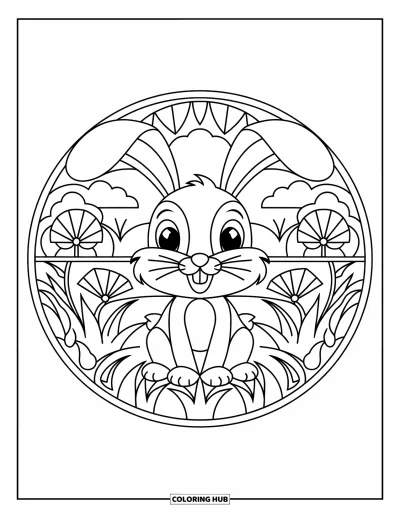 Animal Mandala Coloring Page for Kids: Large-eared bunny sitting in grass with trees and flowers behind