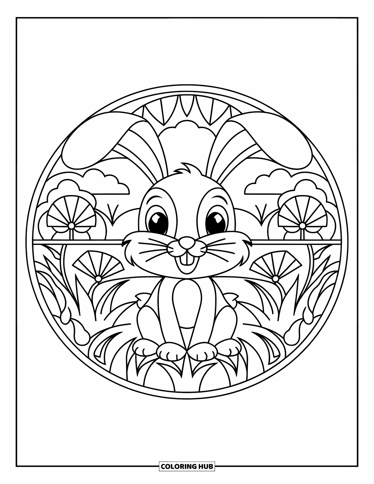 Animal Mandala Coloring Page for Kids: Large-eared bunny sitting in grass with trees and flowers behind