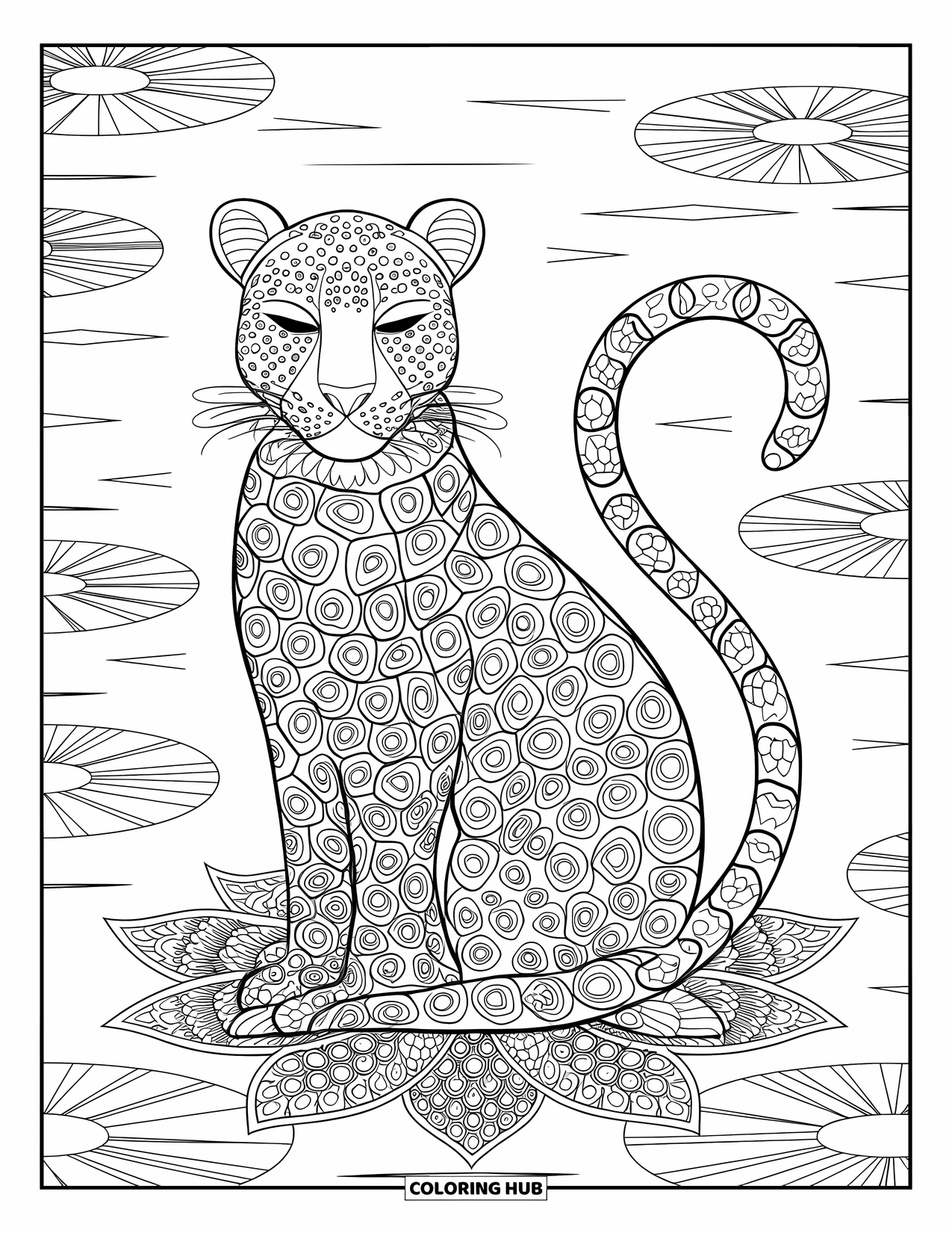 Animal Mandala Coloring Page for Kids: Leopard with eyes closed, sitting on a lotus surrounded by lily pads