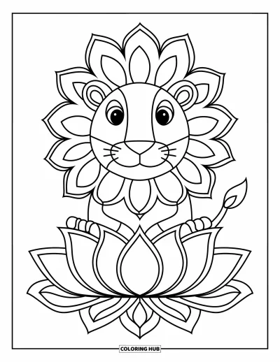 Animal Mandala Coloring Page for Kids: Lion sitting on a lotus flower with a cheerful expression