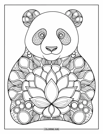 Animal Mandala Coloring Page for Kids: Lotus petal panda with added detail on paws and ears