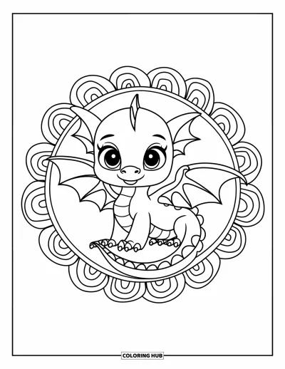 Animal Mandala Coloring Page for Kids: Mandala baby dragon with bold curls and wing patterns