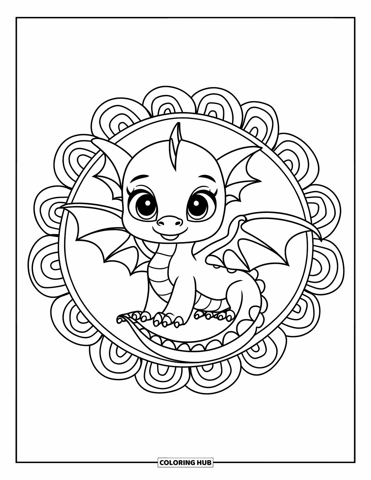 Animal Mandala Coloring Page for Kids: Mandala baby dragon with bold curls and wing patterns