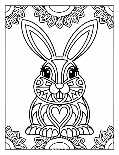 Animal Mandala Coloring Page for Kids: Mandala bunny with tall ears and smaller patterns in the background