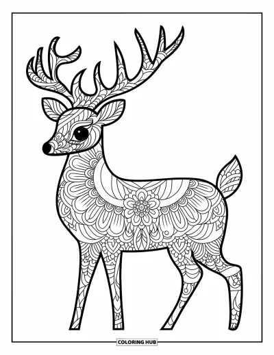 Animal Mandala Coloring Page for Kids: Mandala deer with gentle floral layers and a fun, simple look
