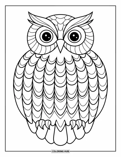 Animal Mandala Coloring Page for Kids: Mandala owl with layered feathers, fun and simple to color