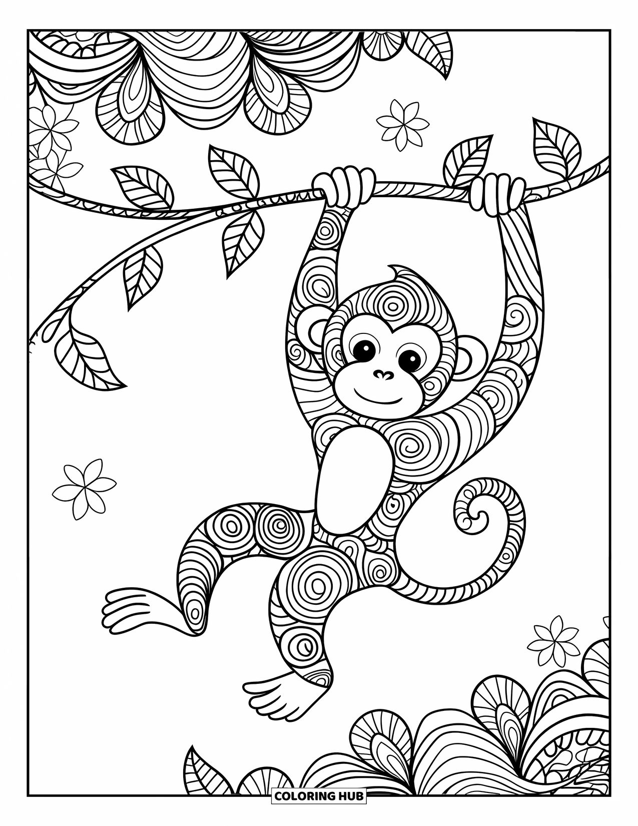 Animal Mandala Coloring Page for Kids: Monkey swinging on a vine with swirly mandala patterns and leafy background
