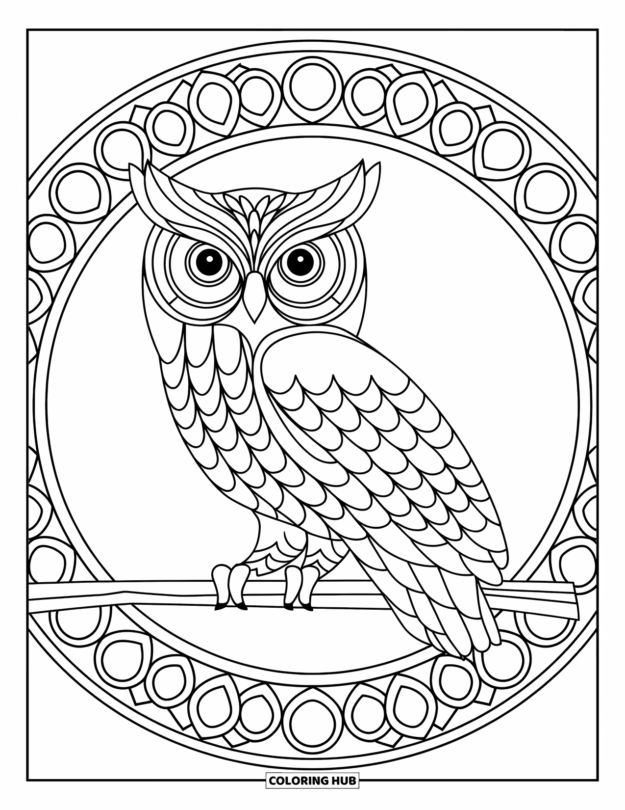 Animal Mandala Coloring Page for Kids: Owl on a branch with mandala feather patterns and a circle backdrop