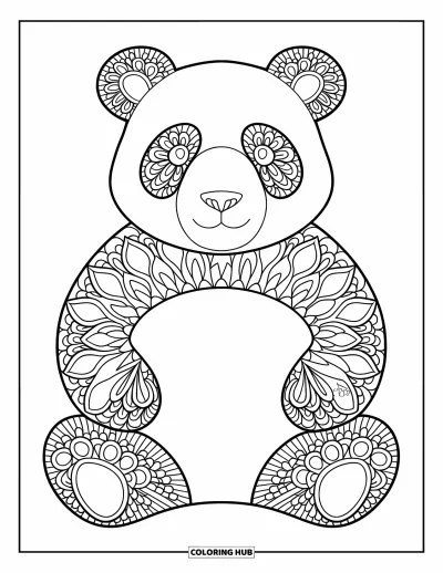 Animal Mandala Coloring Page for Kids: Panda bear filled with lotus-like mandala petals and clean outlines
