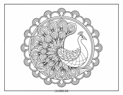 Animal Mandala Coloring Page for Kids: Peacock with layered mandala feathers spiraling from a detailed center