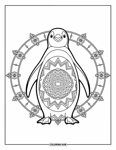 Animal Mandala Coloring Page for Kids: Penguin surrounded by snowflakes and stars with detailed mandala patterns