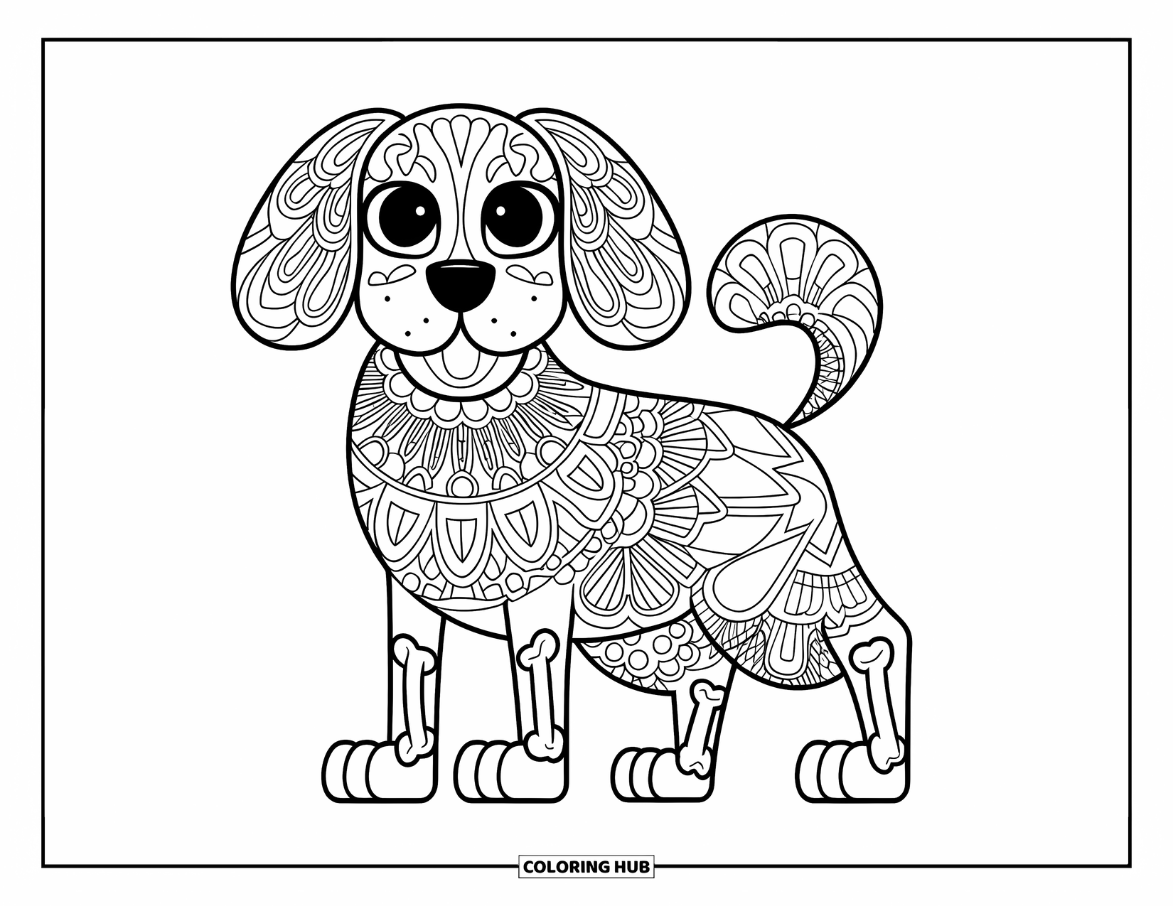 Animal Mandala Coloring Page for Kids: Playful dog standing with ears and paws in bone-inspired mandala shapes