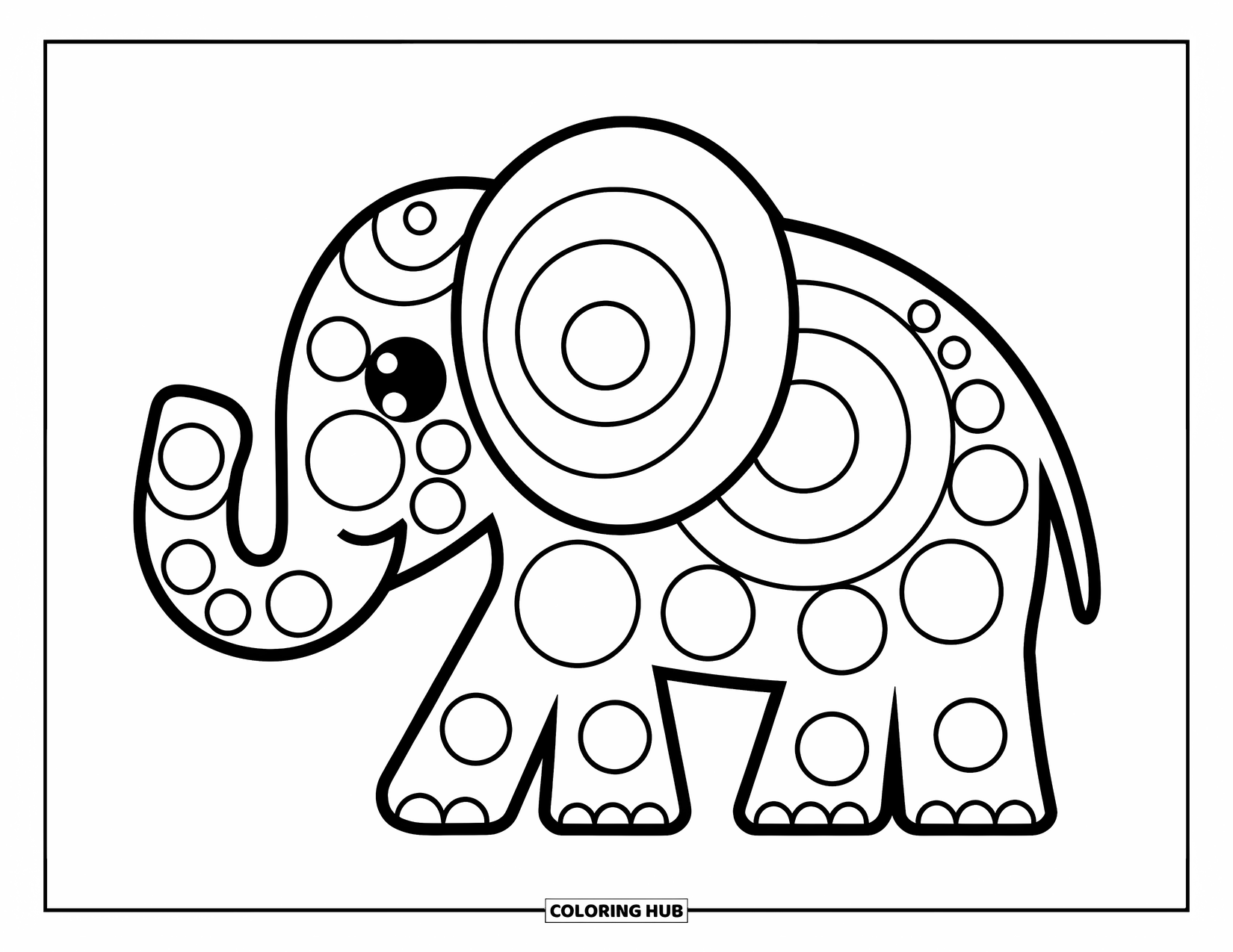 Animal Mandala Coloring Page for Kids: Playful elephant made from big shapes and cheerful mandala circles