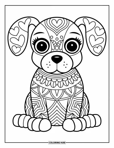Animal Mandala Coloring Page for Kids: Playful puppy with heart and star shapes in its fluffy ears