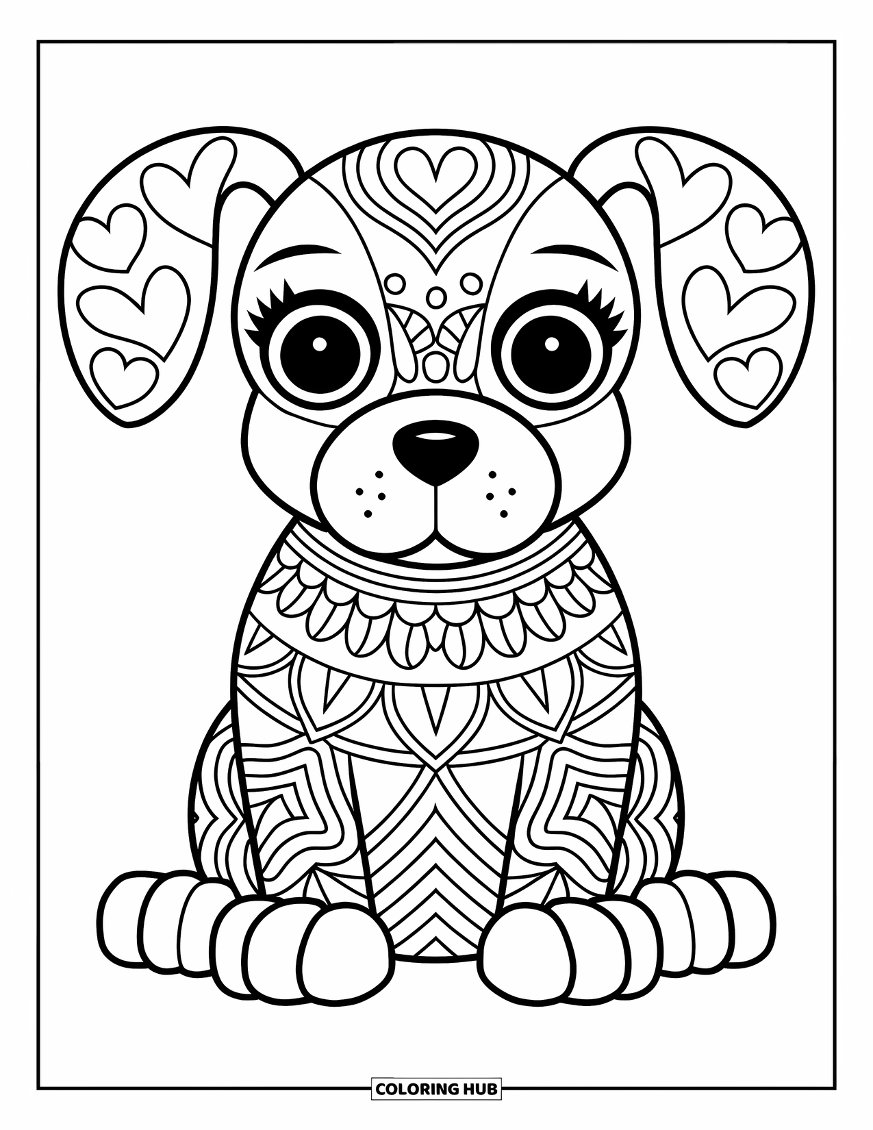 Animal Mandala Coloring Page for Kids: Playful puppy with heart and star shapes in its fluffy ears
