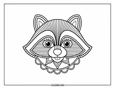 Animal Mandala Coloring Page for Kids: Playful raccoon face with mandalas and a clean background